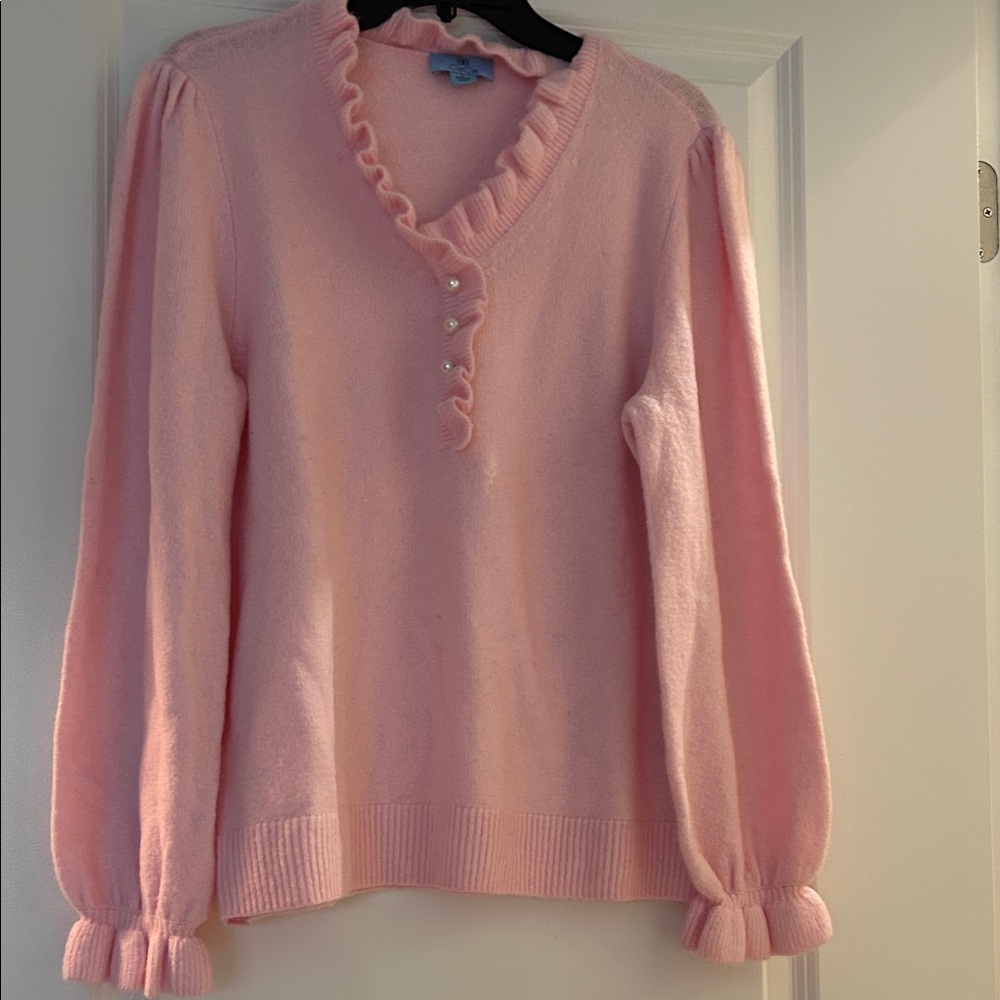 CeCe Pink V-Neck Ruffled Sweater